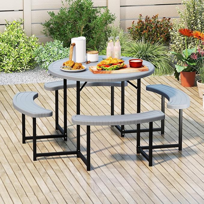 Tangkula 8 Person Picnic Table, HDPE Outdoor Round Table and Bench Set with 4 Built-in Benches, Umbrella Hole, Metal Frame for Garden Yard Patio Lawn