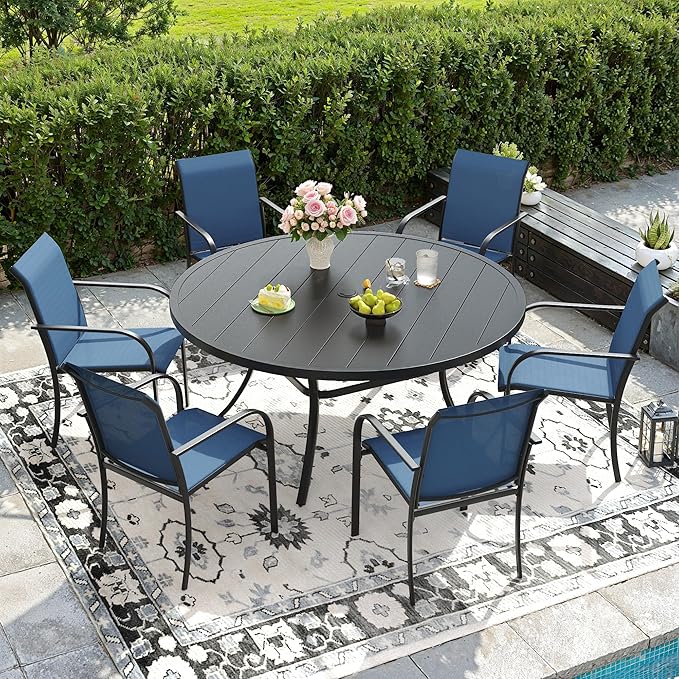 DIFY Patio Dining Set for 6, 7 Piece Outdoor Table and Chairs Set, 50" Black Round Metal Patio Dining Table and 6 Blue Textilene Stackable Patio Chairs, for Backyard Garden Poolside