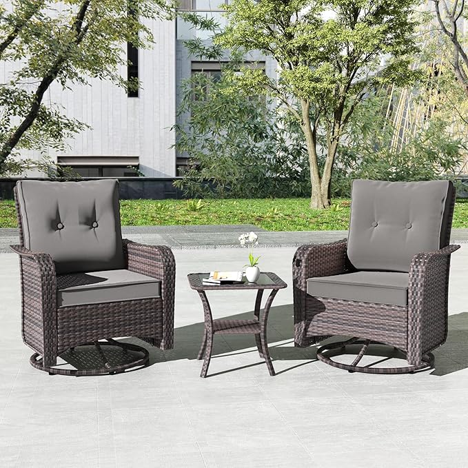 Kullavik Outdoor Swivel Chairs Set of 2,Patio Wicker Rocker Chairs with 4" Thick Cushions and Side Table,Patio Conversation Furniture Set for Patio Porch Deck Backyard,Grey