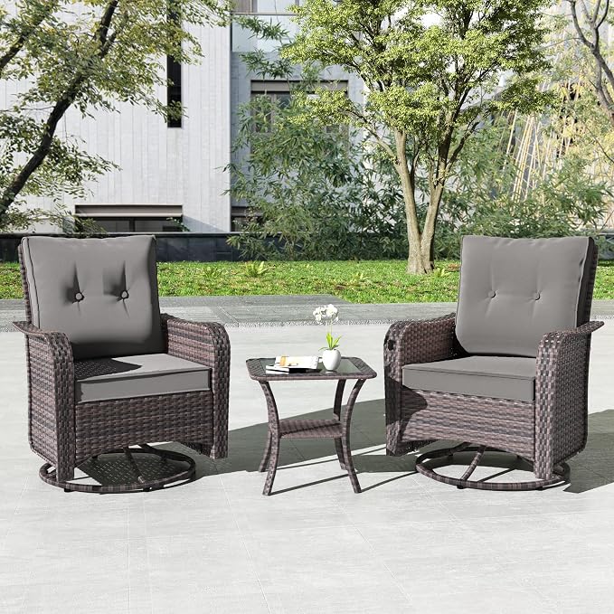Kullavik Outdoor Swivel Chairs Set of 2,Patio Wicker Rocker Chairs with 4" Thick Cushions and Side Table,Patio Conversation Furniture Set for Patio Porch Deck Backyard,Grey