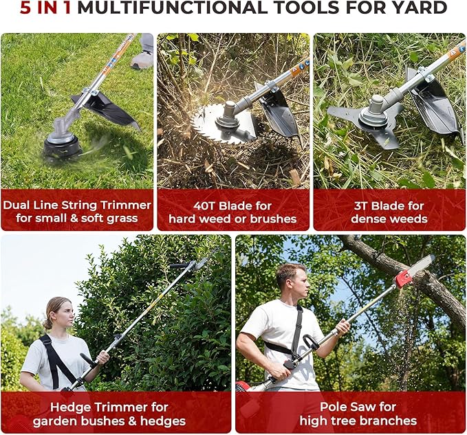 6-in-1 Gas Powered Multi-Functional Garden Tool, 58CC 2-Cycle String Trimmer & Weed Wacker, Includes Pole Saw, Hedge Trimmer and Brush Cutter for Clearing, Pruning & Professional Lawn Maintenance