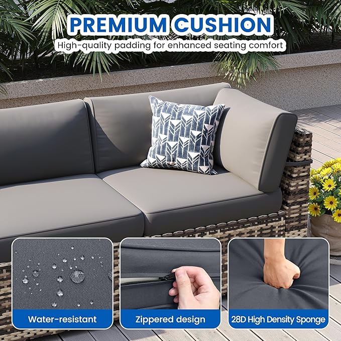 8-Piece Patio Furniture Set with 44” Fire Pit Table - All-Weather Wicker Conversation Sectional Sofa & Coffee Table with Thickened Cushions for Backyard, Garden(Grey)