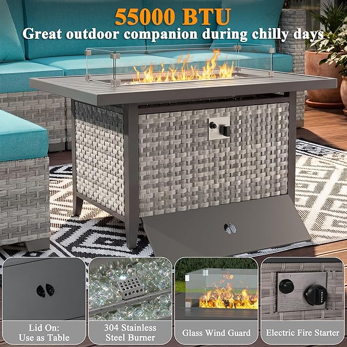 13 Piece Wicker Patio Furniture Set with 55,000 BTU Fire Pit Table, Swivel Rocking Chairs, 4''Cushions, PE Rattan, Wind Guard Glass, for Backyard, Deck or Balcony, Blue