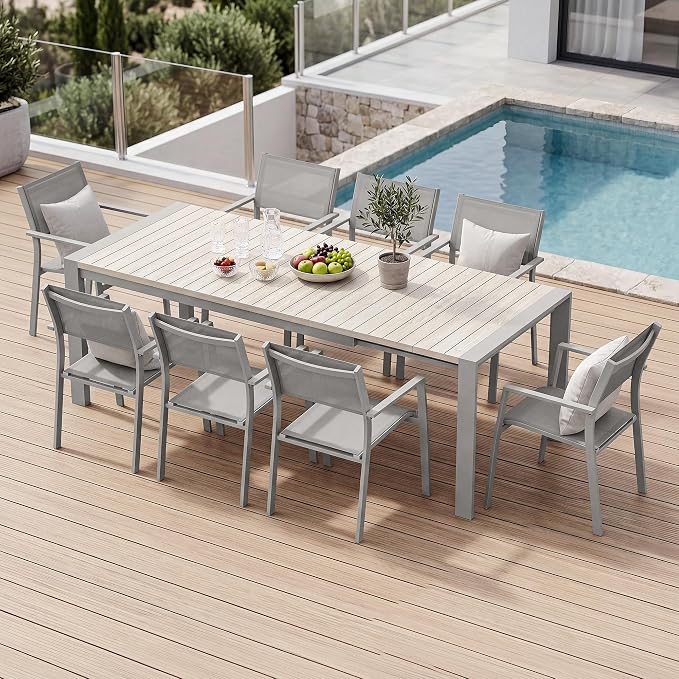 9 Pieces Extendable Patio Dining Set, 6-10 Person Expandable Outdoor Dining Table with Wood Grain Top and 8 Stackable Textilene Dining Chairs, Aluminum Patio Table and Chairs Set for Backyard