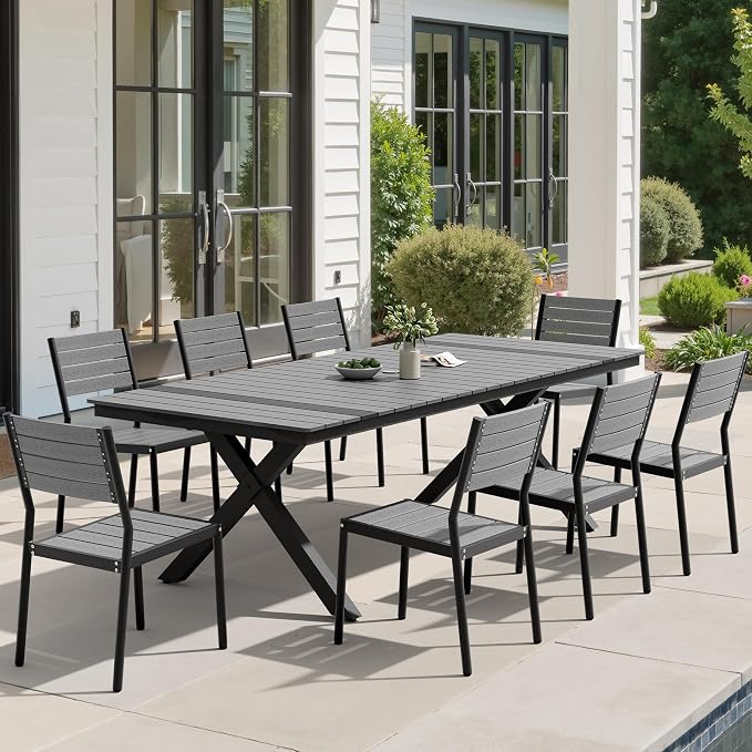 Pellebant Outdoor Dining Set for 8, 9 Pieces Aluminum Patio Table and Stackable Armless Chairs with Umbrella Hole & Wood-Like Top, Grey