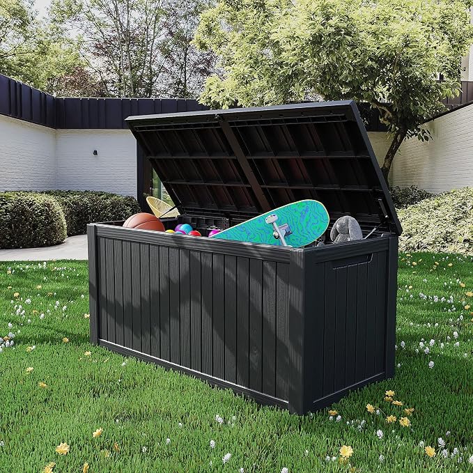 Outdoor Storage Box 200GAL Waterproof Resin Deck Box,UV-Resistant Lockable Package Delivery Bin for Garden Tools,Patio Outside Cushions,Pool Accessories Supplies,Chest,Furniture,Black
