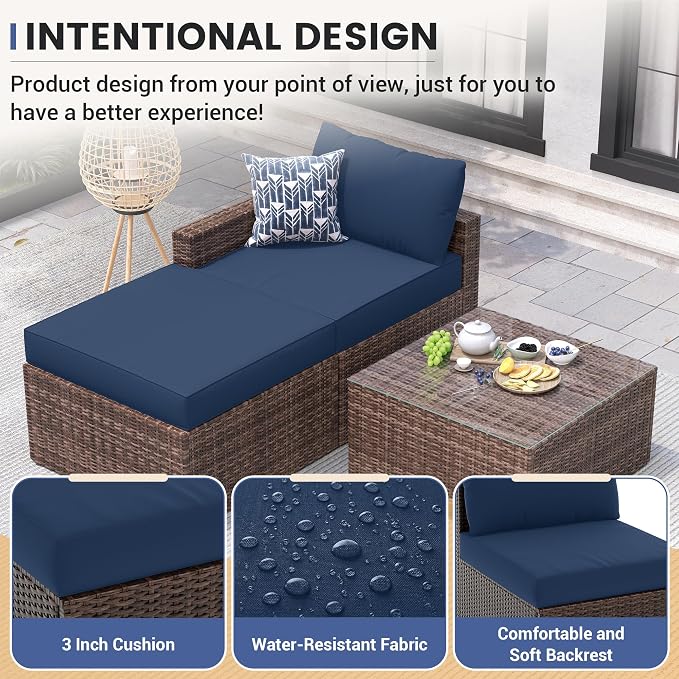 UDPATIO 5 Piece Patio Furniture Set, All-Weather Wicker Outdoor Sectional Sofa,Rattan L Shaped Outdoor Conversation Patio Sectional with Ottoman, Glass Table for Balcony Porch Backyard,Navy Blue