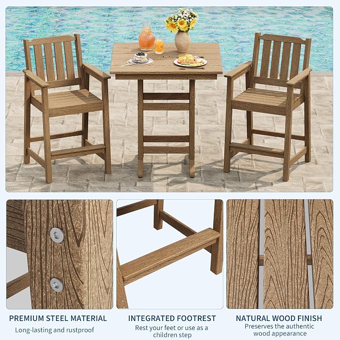 GAOMON Square Outdoor Bar Height Table, Patio Tall Side Bistro Table with Umbrella Hole, Weather Resistant High Top Dining Table for Backyard, Garden, Deck, Porch, Brown