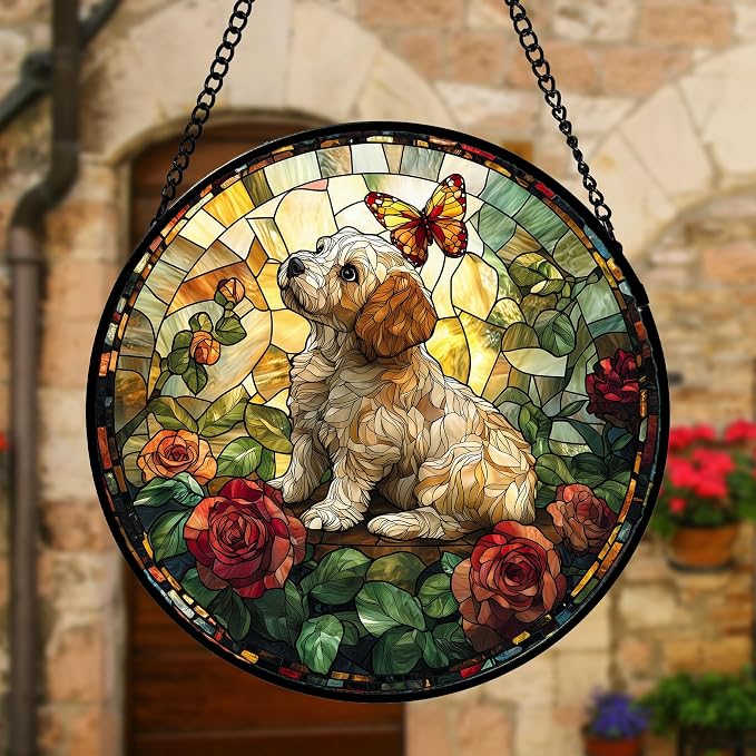 DASTOLL Stained Glass Window Hanging, Cute Dog and Flowers Suncatcher for Doors Home Butterfly Sun Catchers Decoration and Christmas, Mother's Day Birthday Gifts for Women, Men, and Mom 11.8x11.8 in
