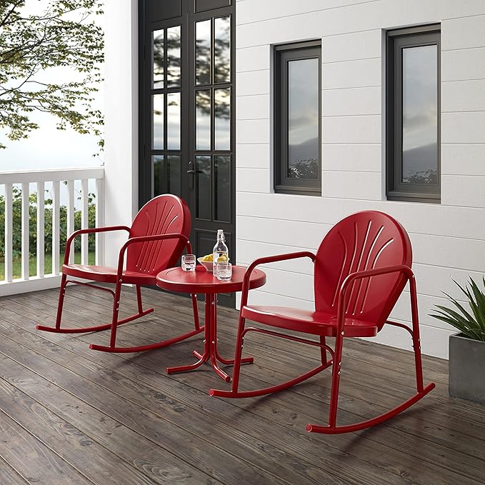Crosley Furniture Griffith 3-Piece Outdoor Rocking Chair and Side Table Set, Retro Metal Bistro Patio Sets, Bright Red Gloss