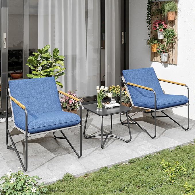 3-Piece Patio Furniture Set, Compact Outdoor Conversation Set with 2 Chairs and Glass Table, Weather-Resistant for Apartment Patio, Small Spaces, Balcony, Backyard – Navy Blue