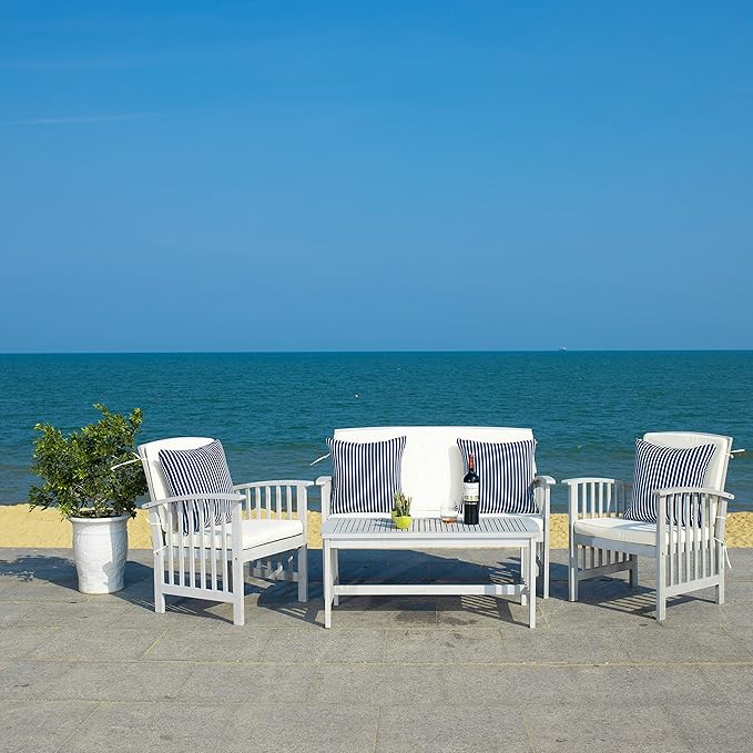 SAFAVIEH Outdoor Collection Rocklin Grey / Beige Cushions/ Stripe Pillows 4-Piece Conversation Patio Set