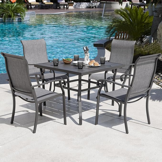 NUU GARDEN Outdoor Patio Dining Set 5 Piece Furniture Set Including Square Outdoor Dining Table with 1.57" Umbrella Hole and 4 Gray Textilene Chairs for Garden, Patio and Poolside Backyards