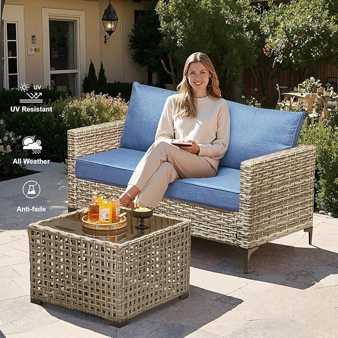 Outdoor Patio Furniture Sets,11 PCS Patio Conversation Set Outside Rattan Sectional Sofa with 54 in Fire Pit Table Wicker Rocking Chair Coffee Table Fit Backyard Porch Garden Poolside Balcony