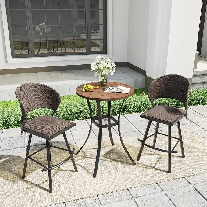 VICLLAX Outdoor Bar Table, 28" Wide Round Patio Bar-Height Table Weather Resistant Metal Slatted Tabletop with Umbrella Hole for Front Porch Deck, Backyard, Walnut