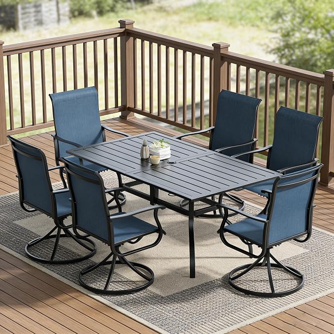 SUNCROWN 7-Piece Outdoor Patio Dining Set, All Weather Rectangular Metal Table & 6 Dark Blue Swivel Textilene Mesh Chairs, Weather Resistant Patio Furniture for Deck Lawn Garden Backyard Poolside