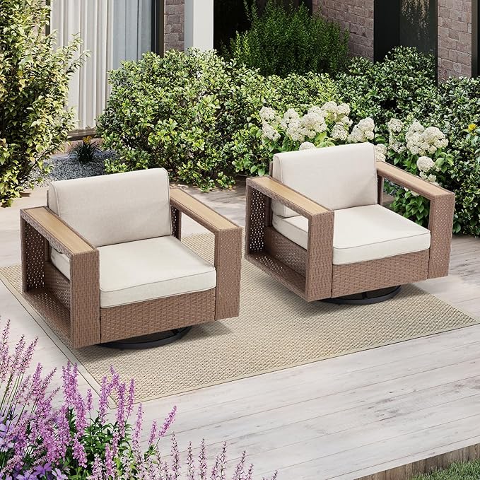 Bonzy Home Wicker Patio Chairs Set of 2, 360° Swivel Rattan Outdoor Accent Chairs with Extra-Thick Soft Cushions and Widened Armrest, Patio Conversation Sets for Porch, Garden Poolside Balcony
