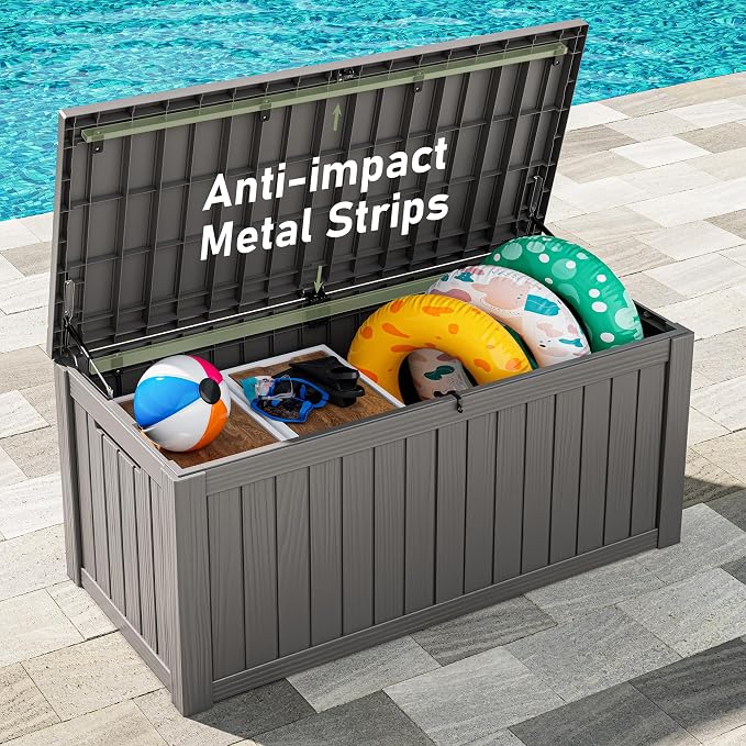 Outdoor Storage Box, 155 Gallon Resin Deck Boxes Outdoor Waterproof For Patio Furniture, Garden Tools, Pool Supplies, Lockable And UV Resistant (Striped Gray)
