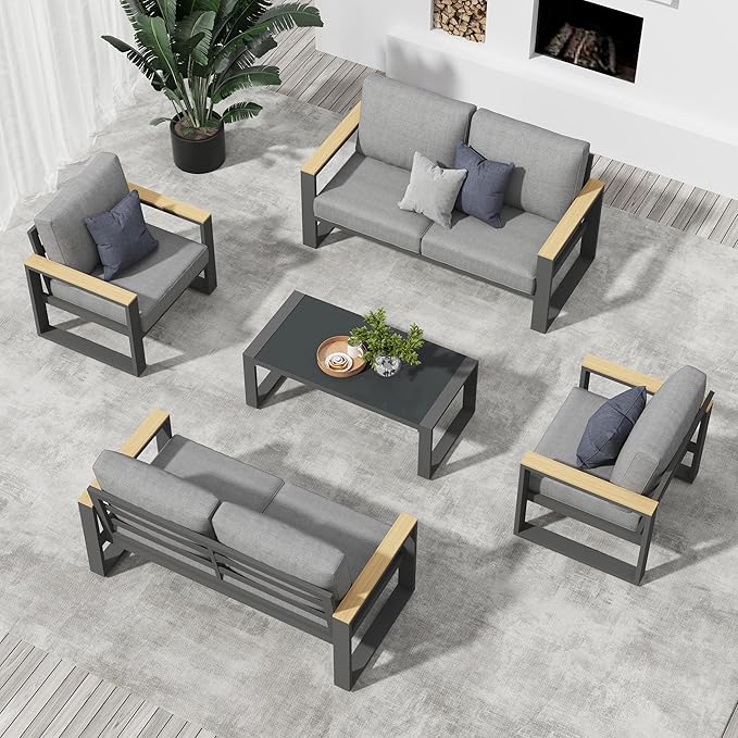 Aluminum Outdoor Patio Furniture Set with Height-adjustable Footrest for Lawn Porches Patio, 6-Seats All-weather Patio Sofa Sets with Coffee Table, Modern Outdoor Patio Conversation set, Grey