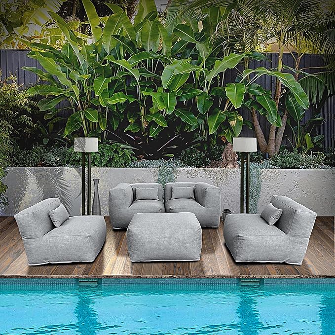 Dineli ANNYH Calaluna 5Pc Outdoor Furniture Sectional Conversation Set Combines 2Middle 2Corner Expansion Foam Filled Chairs,1Ottoman - A Unique Modular Contemporary Sofa (Dark Gray)