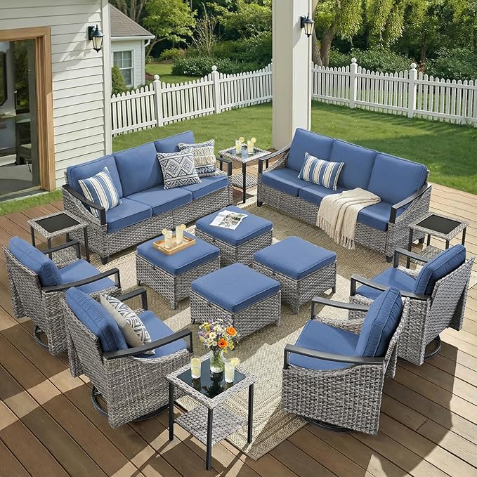 14 Piece Outdoor Patio Furniture Sets-High Back Wicker Swivel Rocker Patio Chairs Set of 4 with Thick Cushions Ottomans, Outdoor Sofa, Patio Conversation Sets for Porch Balcony Patio Deck Grey/Blue