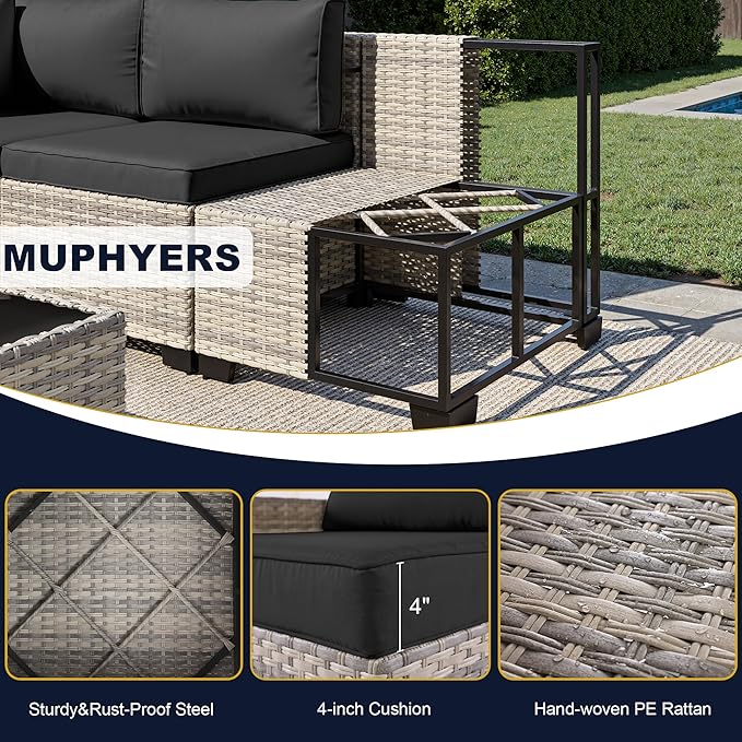 8-Piece Outdoor Patio Furniture Set with 55,000 BTU Fire Pit Table, PE Wicker Rattan Sectional Sofa Conversation Set - All-Weather Garden, Backyard Furniture, Dark Grey