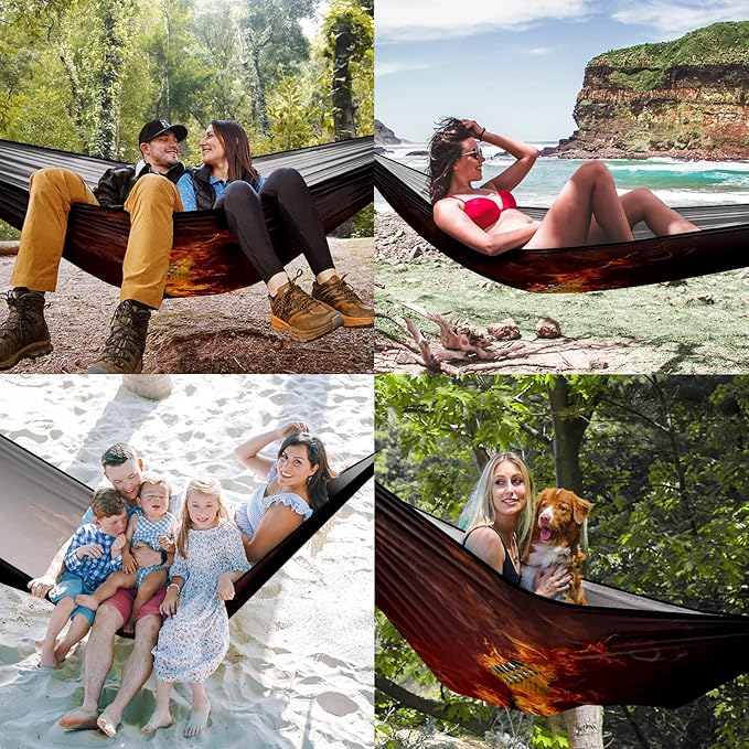 Outdoor Camping Hammock Electric Guitar in Flames Burning Fire Double & Single Hammocks with 2 Tree Straps Portable Heavy Duty Nylon Hammocks for Backpacking, Travel, Beach, Backyard, Patio, Hiking