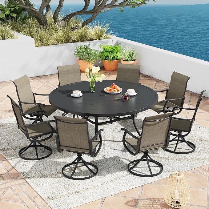 9 Pieces Patio Furniture Dining Set, 8 Textilene Swivel Dining Chairs, 60" Outdoor Round Metal Table with 1.57" Umbrella Hole, Outdoor Dining Set for Porch, Lawn, Garden, Black/Brown