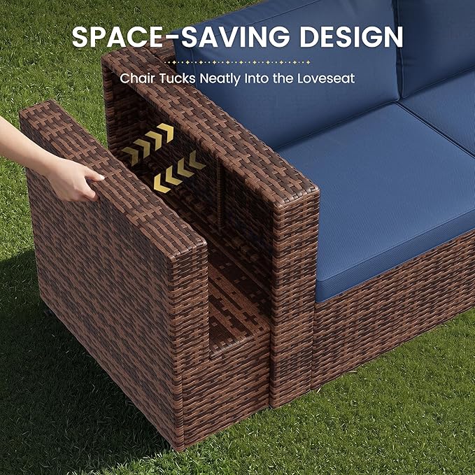 Amopatio Patio Furniture Set with Fire Pit Table, All-Weather Wicker Outdoor Conversation Sofa Set with Glass Coffee Table, Cushions & Ottomans for Deck Backyard Porch Lawn Blue