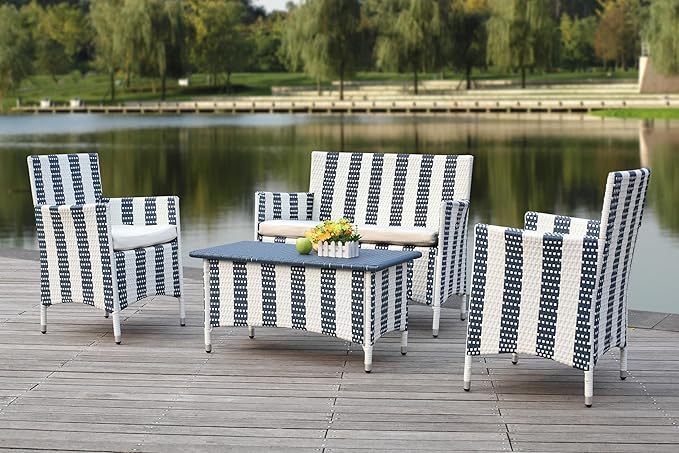 Safavieh Outdoor Collection Figueroa Navy and White 4 Piece Patio Set