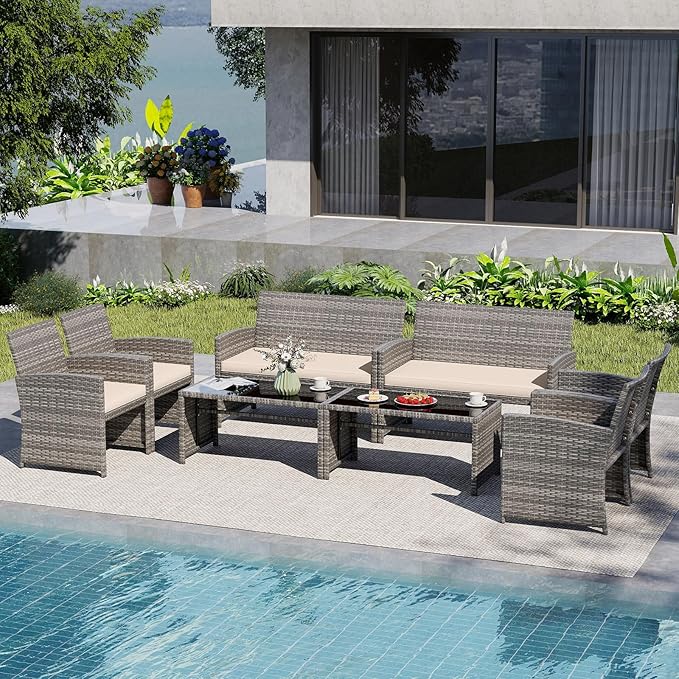 Tangkula 8 Piece Patio Wicker Furniture Set, Outdoor Heavy Duty Rattan Cushioned Chairs, Loveseat and Tempered Glass Coffee Table, for Backyard, Balcony, Poolside
