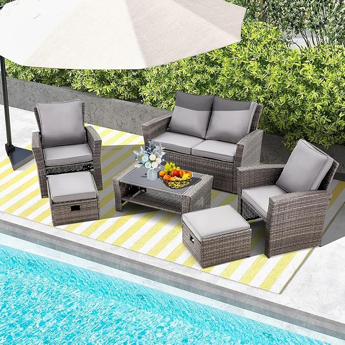 HOMREST 6 Piece Patio Conversation Set, Outdoor Sectional Conversation Rattan Sofa Set with Ottoman and Outdoor Storage Table for Garden, Porch, Backyard (Grey)