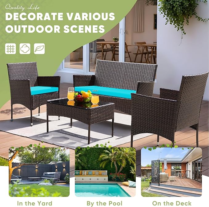 Greesum Patio Furniture 4 Pieces Conversation Sets Outdoor Wicker Rattan Chairs Garden Backyard Balcony Porch Poolside loveseat with Cushion and Glass Table, Brown and Blue
