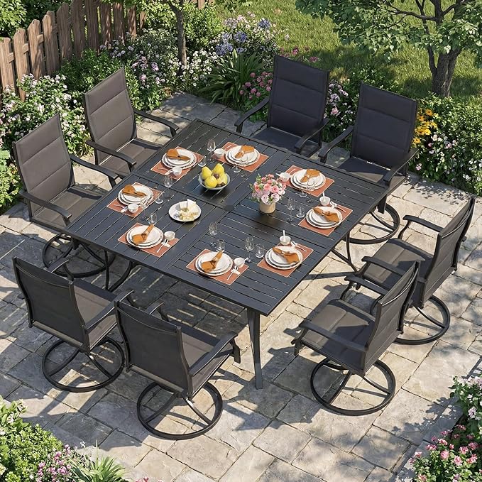 Tangkula 60" x 60" Metal Patio Dining Table for 8, Square Heavy Duty Outdoor Dining Table with Umbrella Hole, 8-Person Outside Dining Furniture for Porch, Garden, Balcony and Backyard