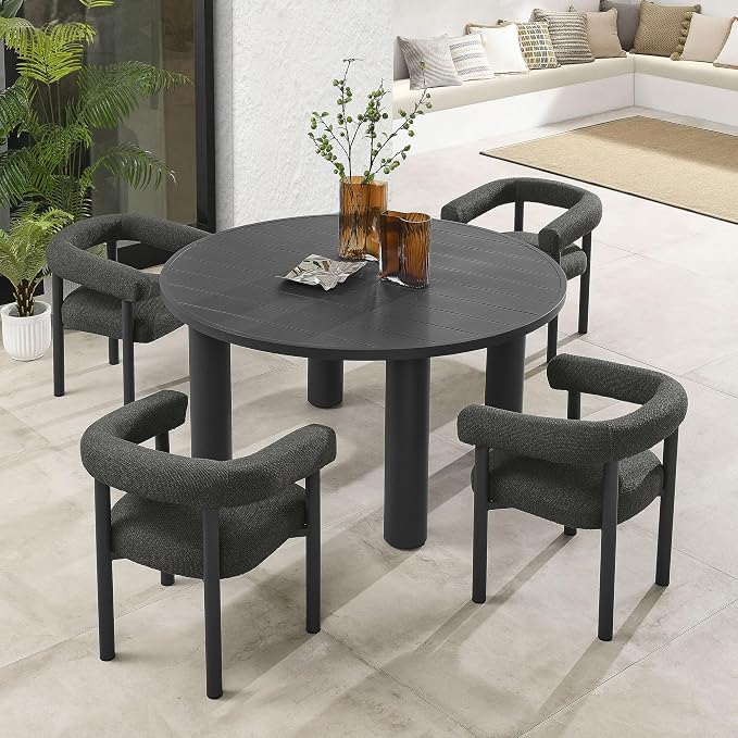 Modway Nautica 5-Piece Outdoor Round Dining Set in Charcoal Graphite – Aluminum Patio Table and Chairs for 4 – Deck Table and Chairs - Small Outdoor Dining Set with Upholstered Curved Back Armchairs