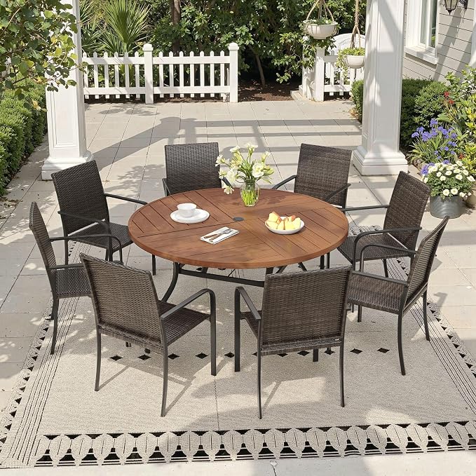 Outdoor Dining Set for 8, 53.1" Metal Round Outdoor Dining Table with Umbrella Hole and Wicker Stackable Patio Chairs, 9 Pieces Patio Table and Chairs Set for Garden Backyard, Walnut