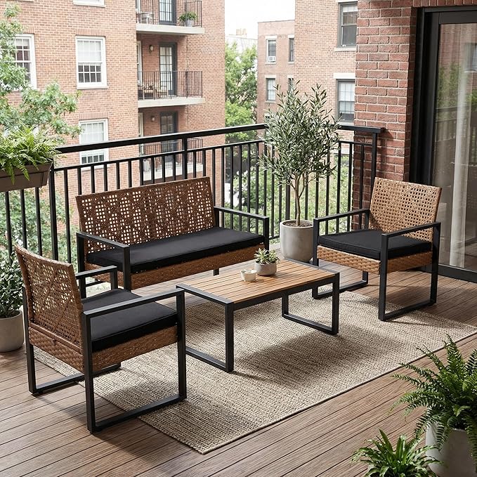 Outdoor Patio Furniture Set, 4 Piece Rattan Chairs with Coffe Table for Backyard, Balcony, Deck, Front Porch, Patio Conversation Seating Sets for Outside, Juego Muebles de Exterior(Light Brown)