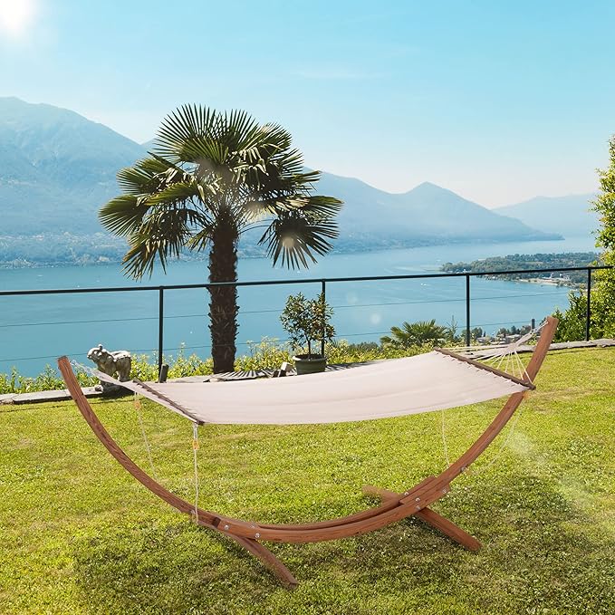 GOWE 10' Wood Outdoor Hammock, Hammock with Stand Rainbow Bed, Heavy Duty Roman Arc Hammock for Single Person for Patio Backyard Balcony Porch, White