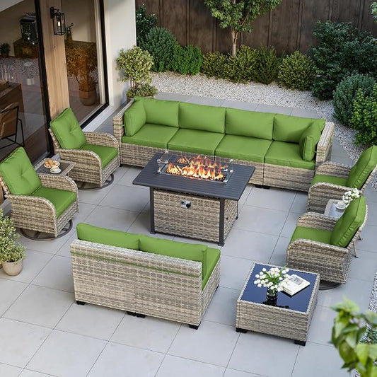 14-Piece Outdoor Patio Furniture Set with Rocking Swivel Chair, Wicker Rattan Sectional Sofa Conversation Set with 55,000 BTU Fire Pit Table, Backyard Furniture, Avocado Green