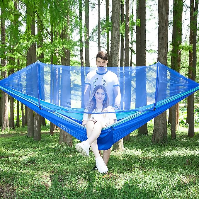 LFL Camping Hammock with Mosquito Net, with Tree Straps Carabiners, 1 & 2 Persons Outdoor Portable Tree Straps Swing Hammock, Nylon Parachute Outside Material Hammocks with Net, Blue