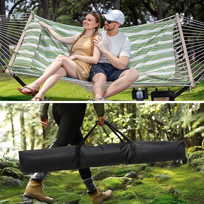 SUNCREAT Cotton Rope Hammock for Two People with Polyester Pad, 12 FT Steel Stand, Heavy Duty Hammock Storage Bag with Zipper