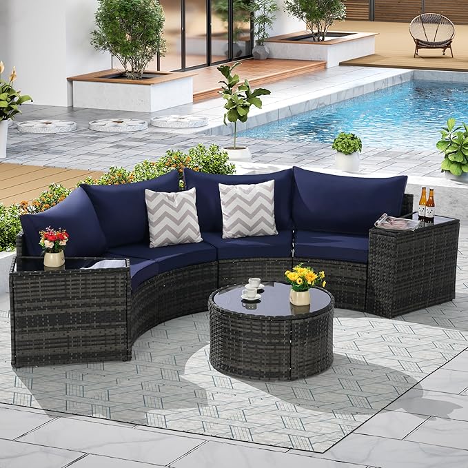 Eafurn 7 Pieces Outdoor Patio Conversation Furniture Sets All Weather Wicker PE Rattan Half-Moon Curved Sectional Sofa with Round Coffee Table, 4 Pillows & Waterproof Cover for Backyard