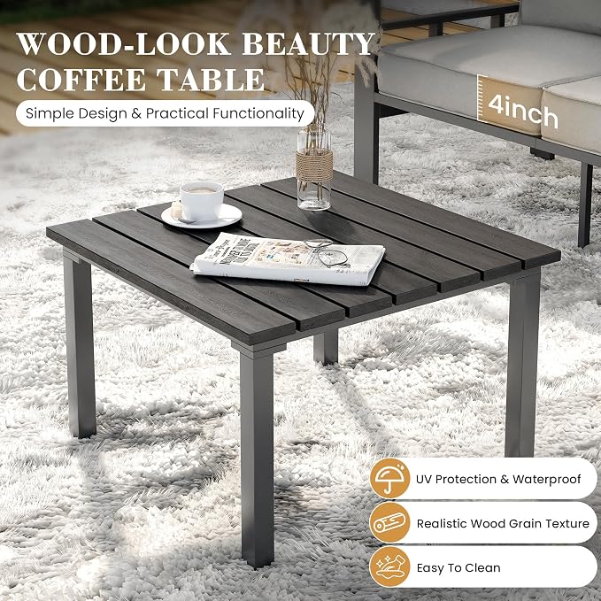 UDPATIO Aluminum Outdoor Furniture Set with 2 Ottomans and Fire Pit Table, 7 Pieces All-Weather & UV-Resistant Patio Sectional Sofa Set for Deck, Backyard, Poolside, Light Gray