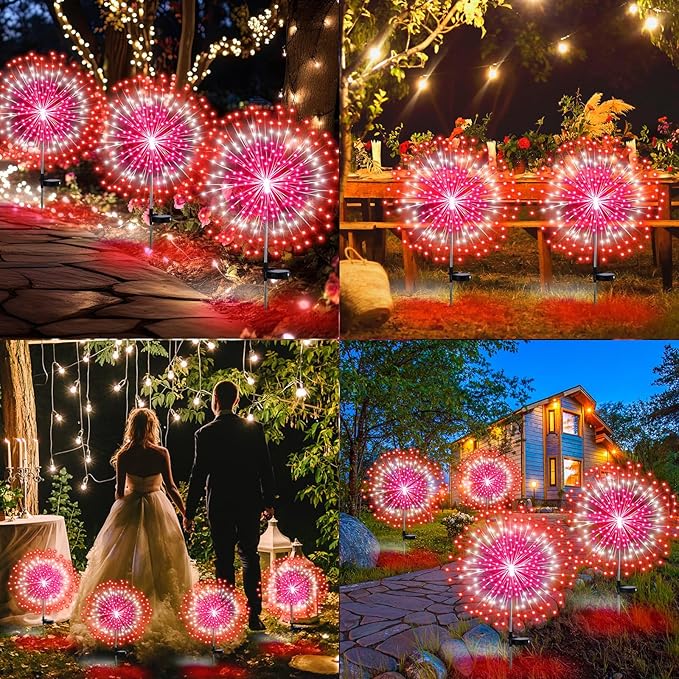 Tujoe 4 Pack Valentines Day Solar Firework Lights 180 LED 8 Lighting Modes Waterproof Solar Lamps Decorative Garden Stake Lights for Valentines Wedding Party Pathway Patio Decor