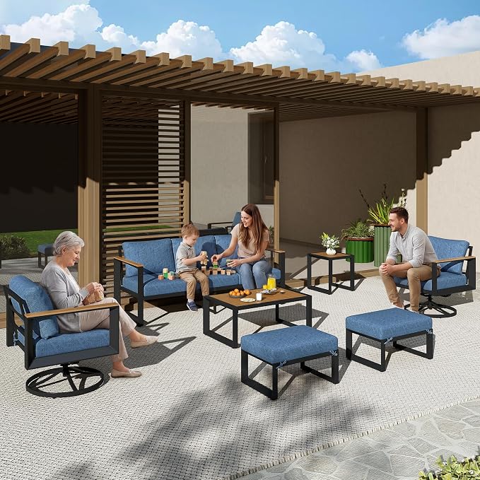 Aluminum Patio Furniture Set with Swivel Chairs, 7-Piece Modern Patio Conversation Sets with Water-Resistant Cushions, Blue
