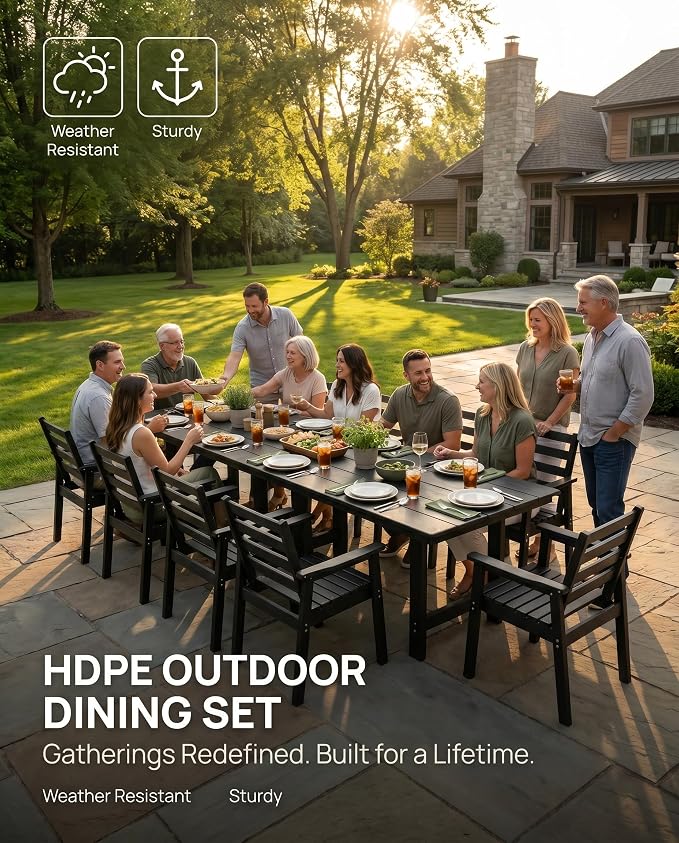 12 Piece HDPE Outdoor Dining Set for 10, Patio Dining Furniture Set with 2” Umbrella Hole, Weather Resistant Outdoor Table and Chairs for Garden, Poolside, Backyard, Deck
