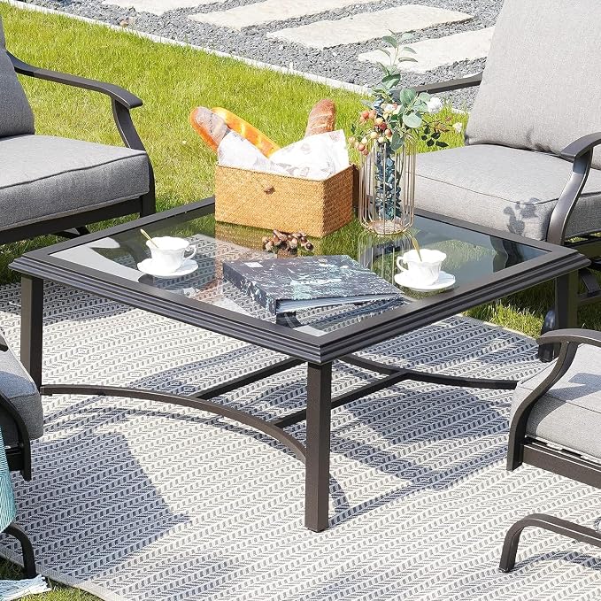 Grand patio Outdoor Glass Coffee Table,Outdoor Furniture Coffee,Patio Garden Furniture Multi-Functional Tea Table with Tempered Glass Top, for Conversation-Square (Tea Table with Glass Top)