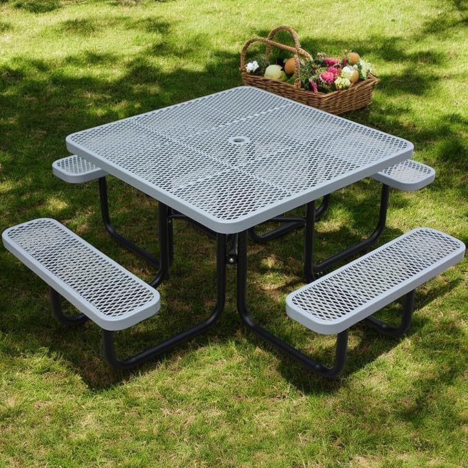 46" Square Picnic Tables for Outdoors,Commercial Metal Picnic Table Bench Set W/ Umbrella Hole,Restaurant School Canteen Tables W/Seats - Heavy Duty Sturdy Picnic Tables for Patio Garden Coffee Shop