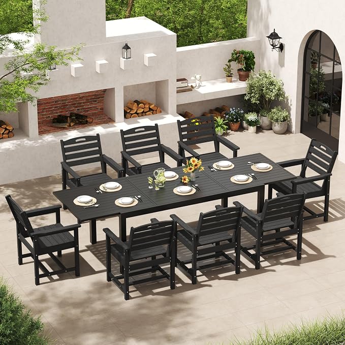 PIZZELLO 9 Pieces Outdoor Dining Set, 106" Extendable Aluminum Patio Dining Table w/ 8Pcs HDPE Patio Chairs, All Weather Outdoor Table and Chairs Sets for Backyard, Garden and Deck