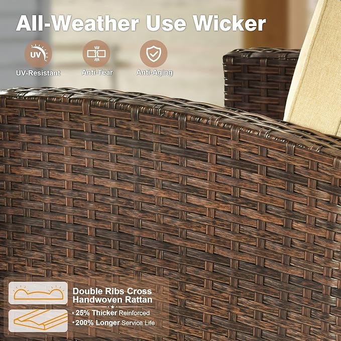 ovios 7 Pieces Patio Furniture Set, Outdoor Wicker Sofa Couch with 54" Fire Pit Table Comfy Cushions, All Weather Brown Rattan Conversation Set for Backyard Deck, Beige